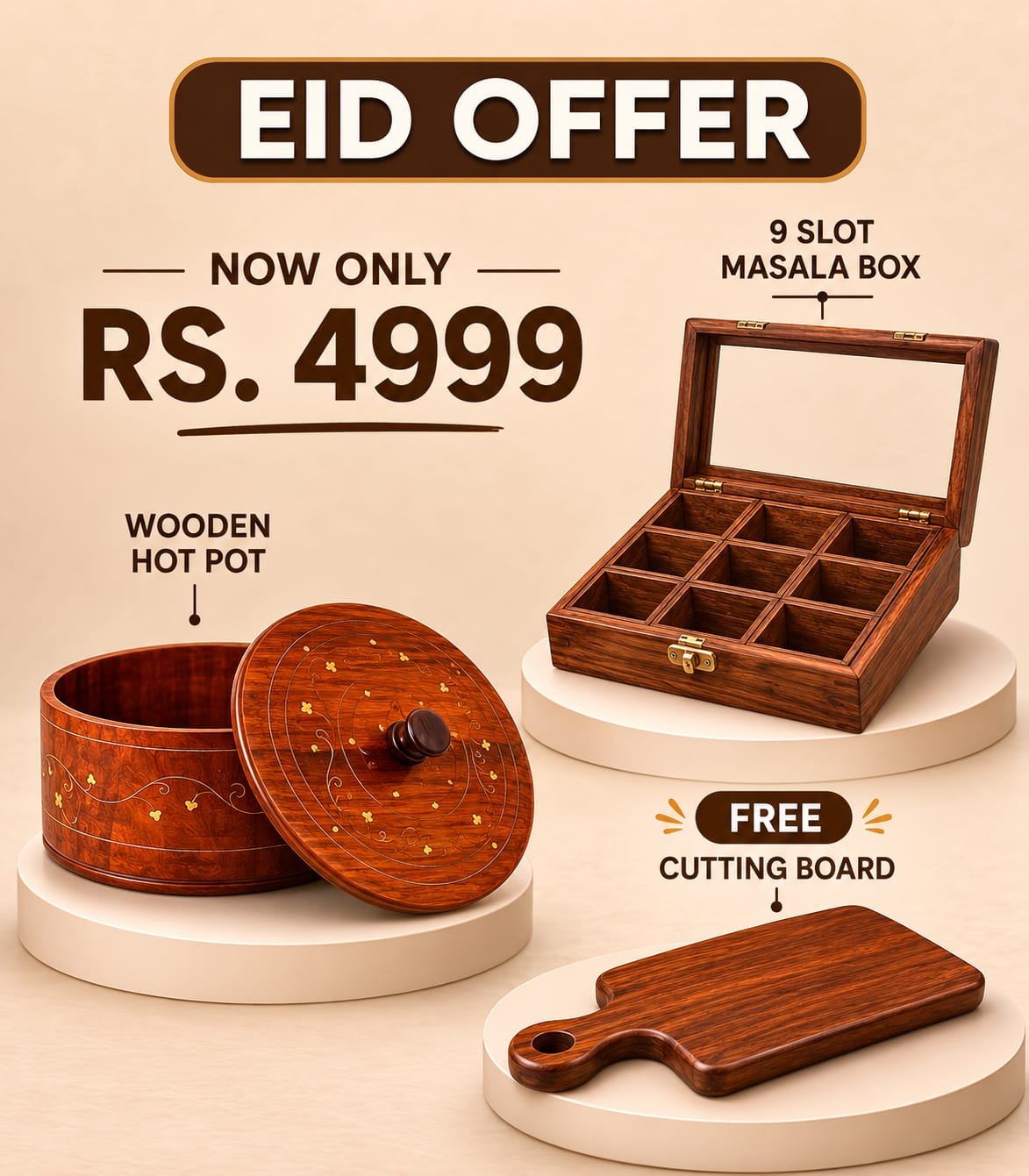 Bari Eid Bari Deal(9 slots wooden spices box, wooden cutting board,  wooden roti pot)