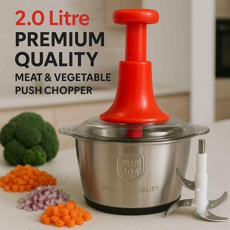 FALARI Multi-Function Hand Pushing Chopper | Stainless Steel 2L Vegetable Cutter & Grater | Manual Food Processor with Sharp Blades