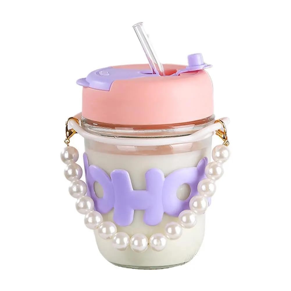 Trendy Pearl Handle Glass Water Bottle with Straw (Random Color)