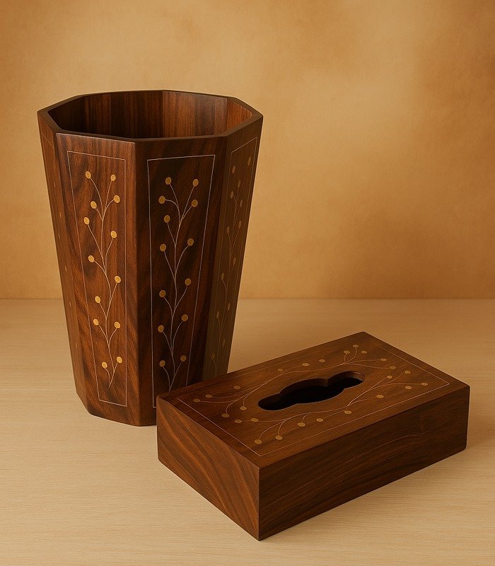 Wooden Tros Bin With Tissue Box
