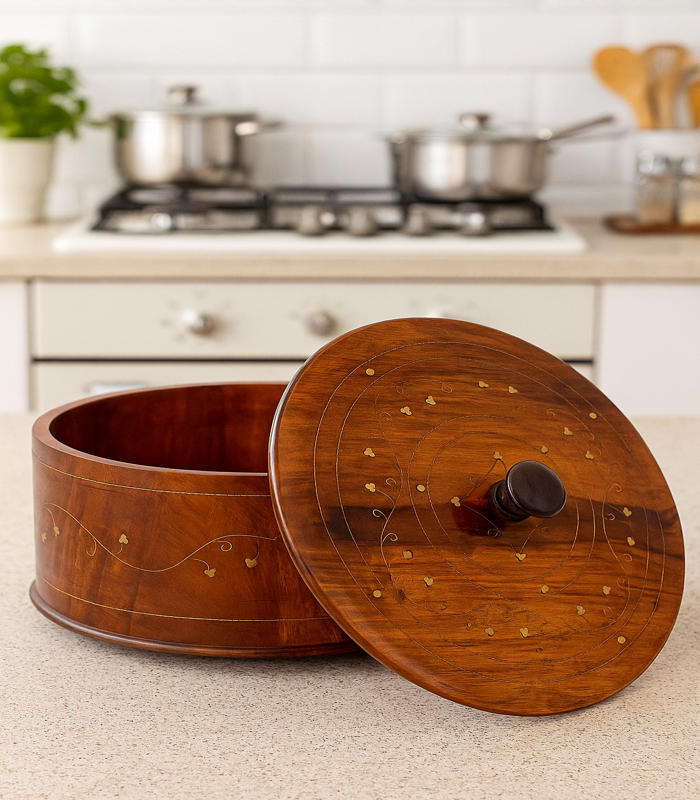 Brass Wooden Roti Pot